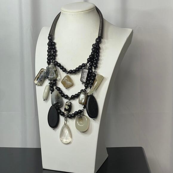 Chico's statement tribal necklace black beads animal print charm costume jewelry - Picture 1 of 16